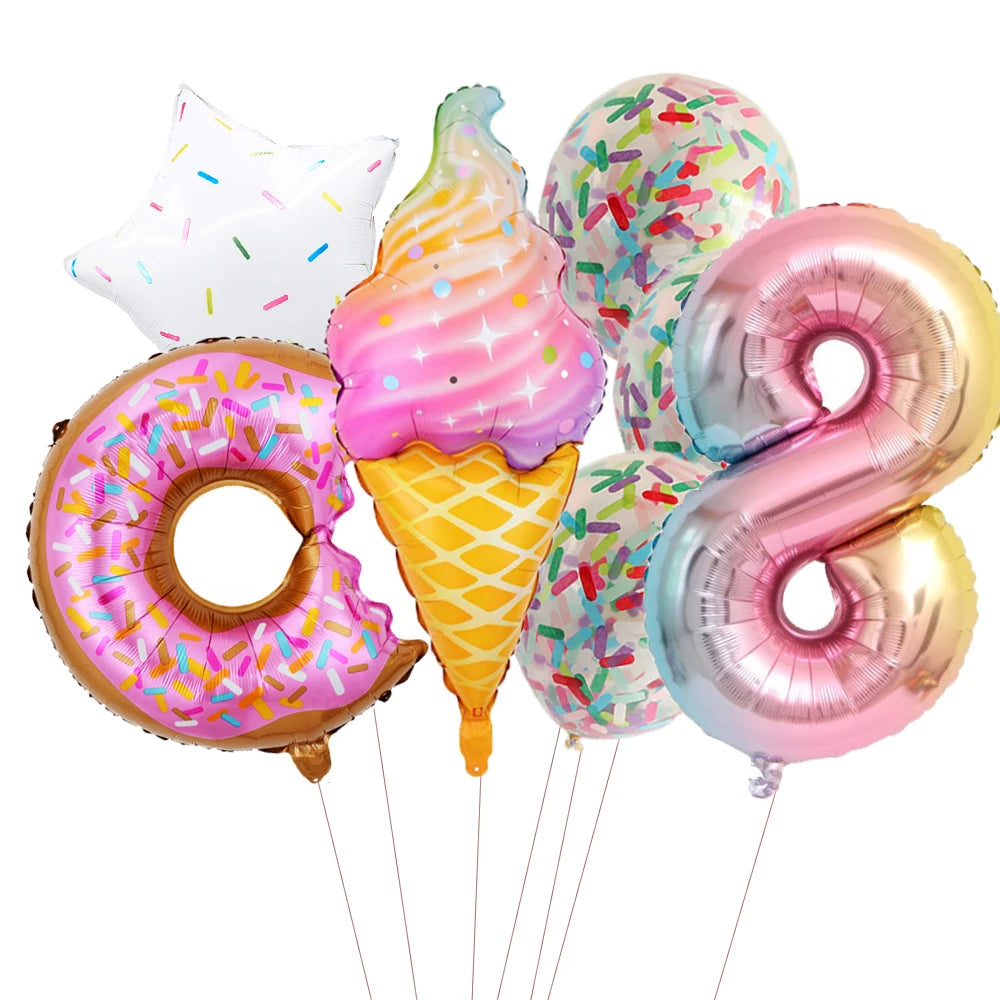 ballon anniversaire friandises ensemble creme glacee donut confetti chiffre huit