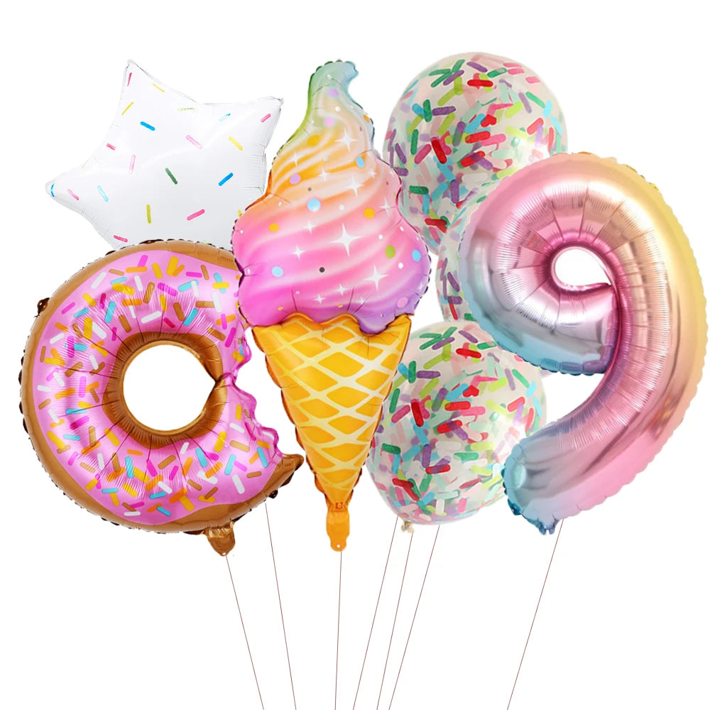ballon- anniversaire friandises ensemble creme glacee donut confetti chiffre neuf