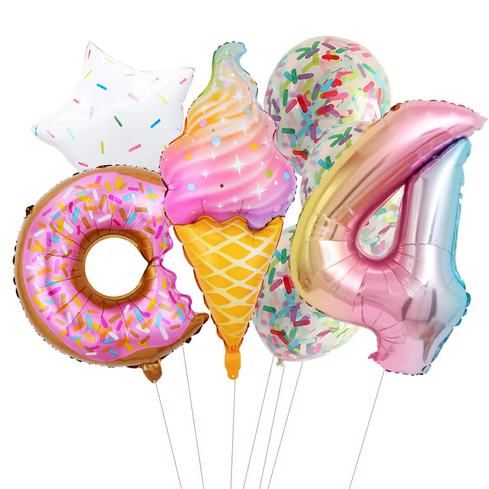 ballon anniversaire friandises ensemble creme glacee donut confetti chiffre quatre