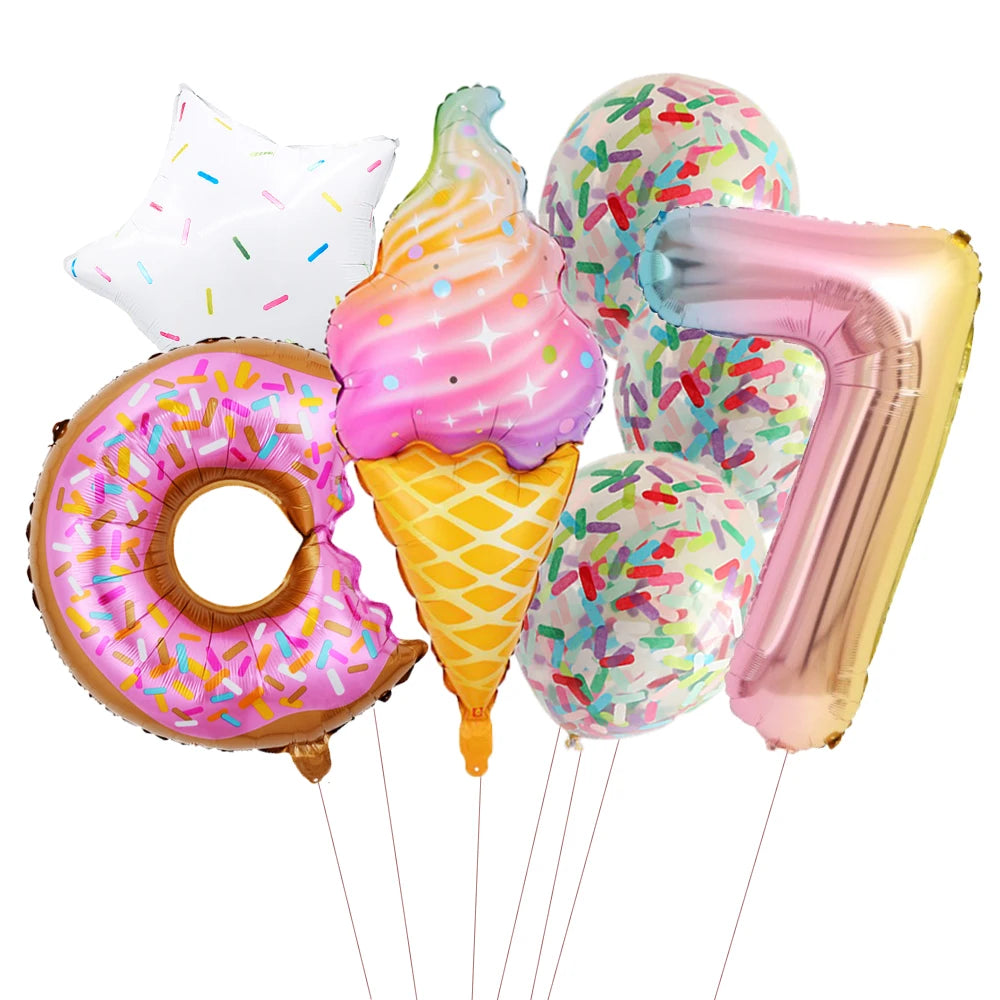 ballon anniversaire friandises ensemble creme glacee donut confetti chiffre sept