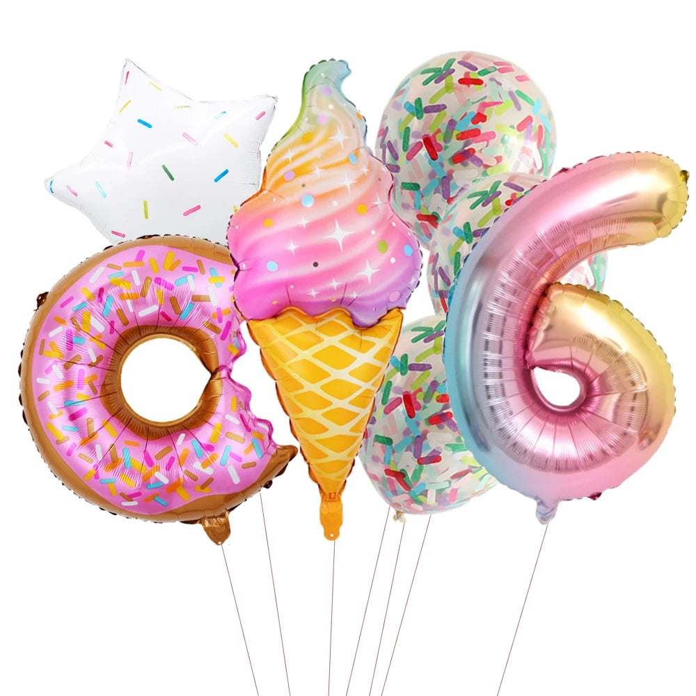 ballon anniversaire friandises ensemble creme glacee donut confetti chiffre six