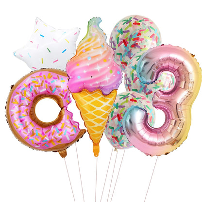 ballon anniversaire friandises ensemble creme glacee donut confetti chiffre trois