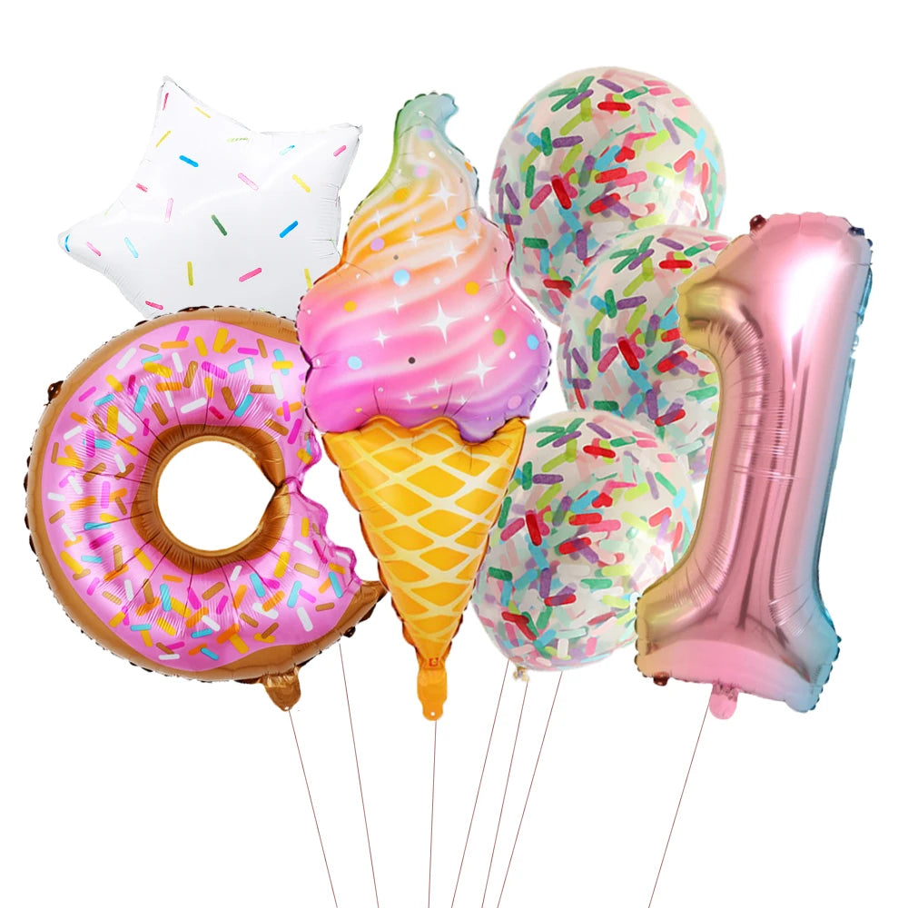 ballon anniversaire friandises ensemble creme glacee donut confetti chiffre un