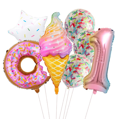 ballon anniversaire friandises ensemble creme glacee donut confetti chiffre un
