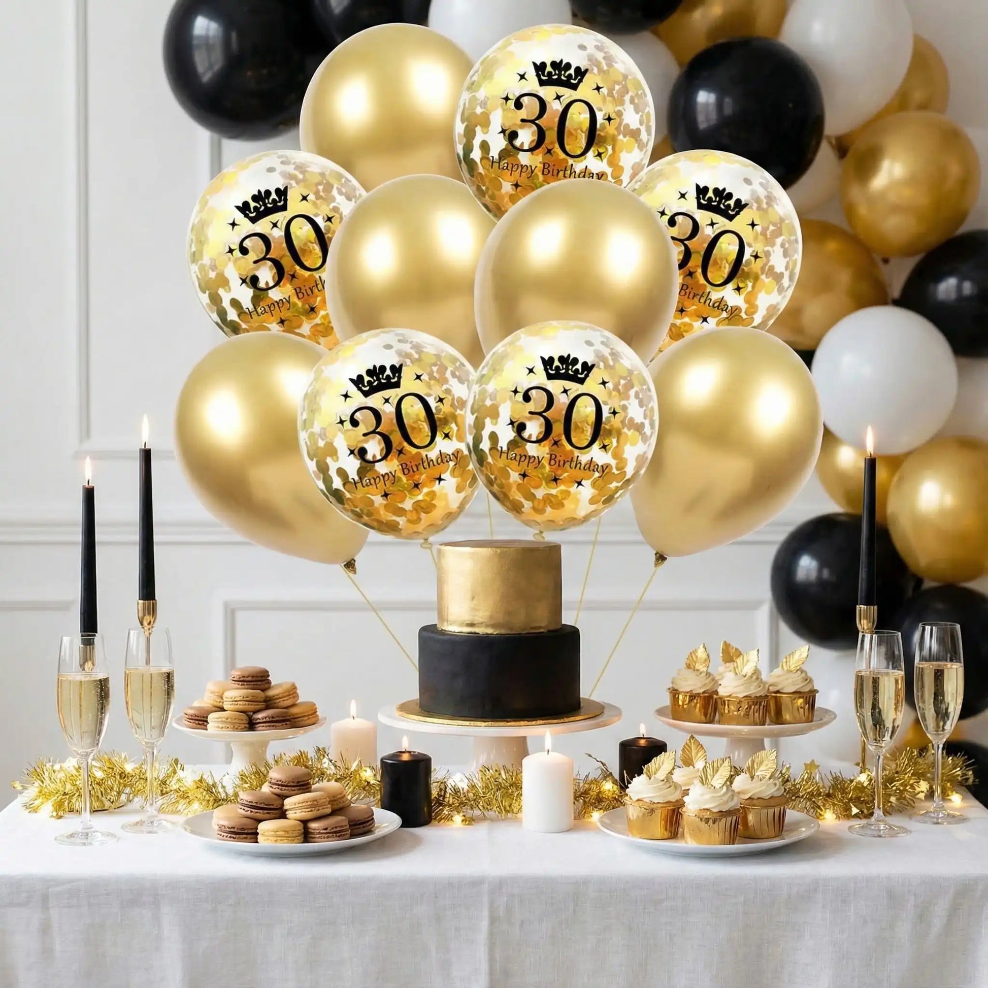 ballon anniversaire latex 30 confetti gold table dessert chic gateau noir or cupcakes champagne