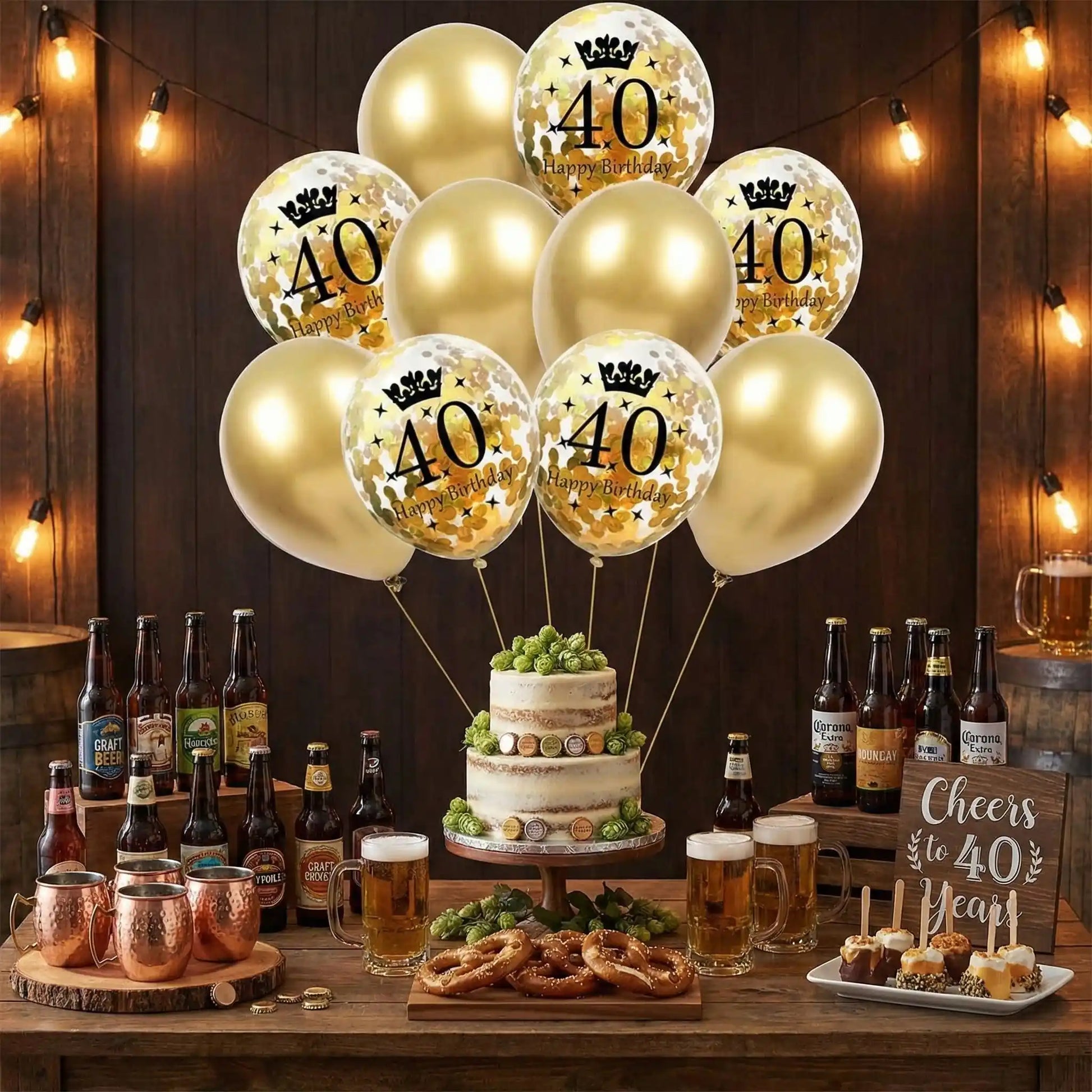 ballon anniversaire latex 40 confetti or table buck bieres gateau bretzels