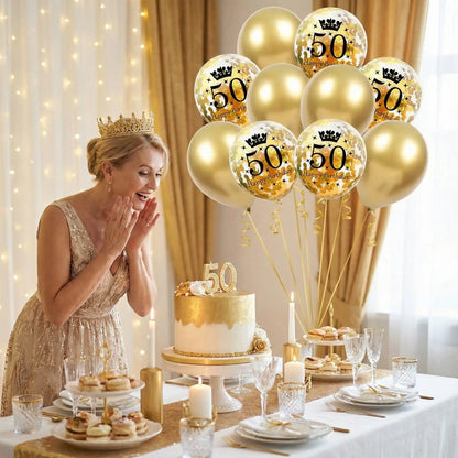 ballon anniversaire latex 50 confetti or table dessert chic femme emerveillee couronne