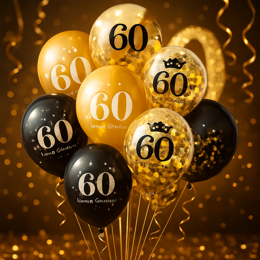 ballon anniversaire latex 60 noir or confetti fond noir or