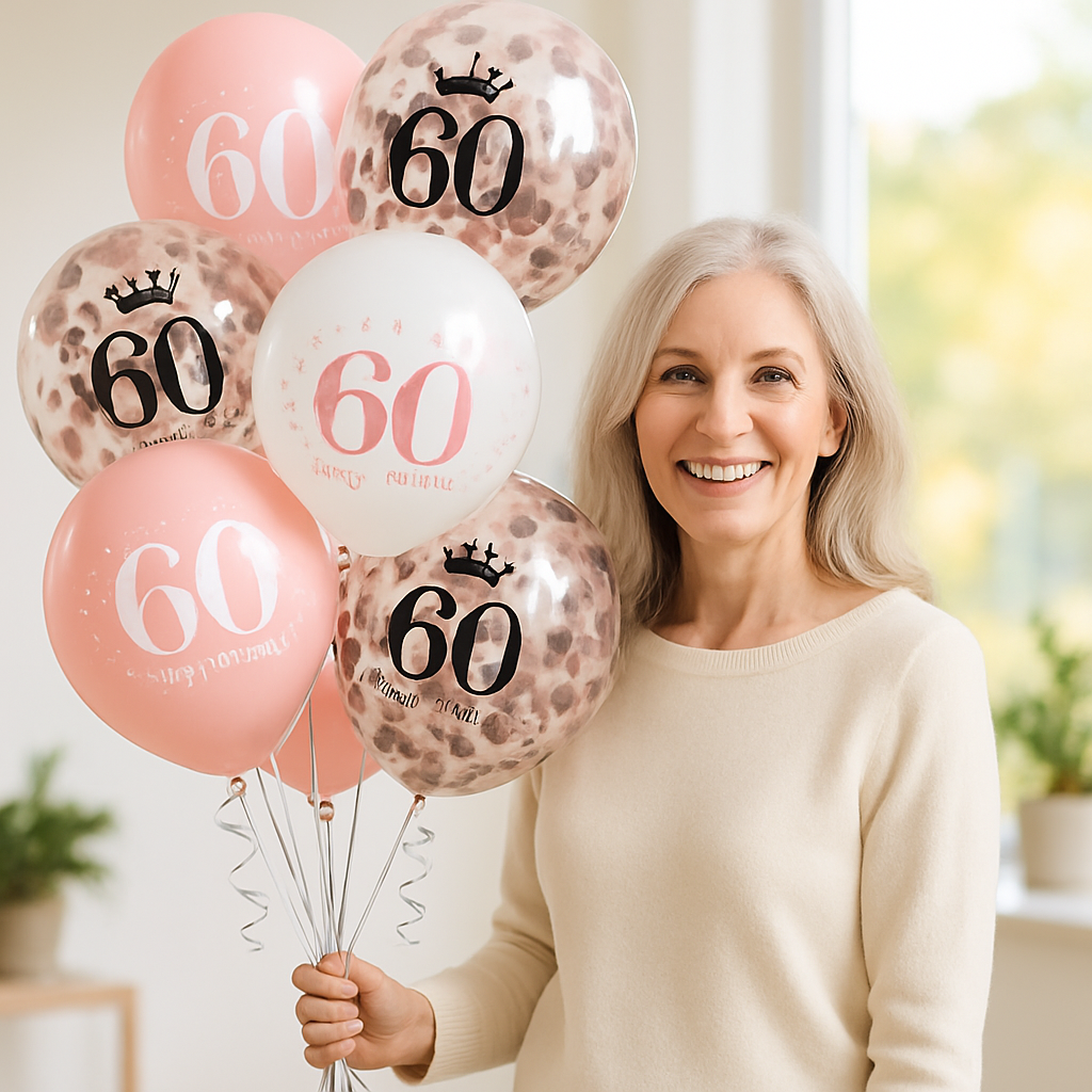 ballon anniversaire latex 60 rose blanc confetti helium femme
