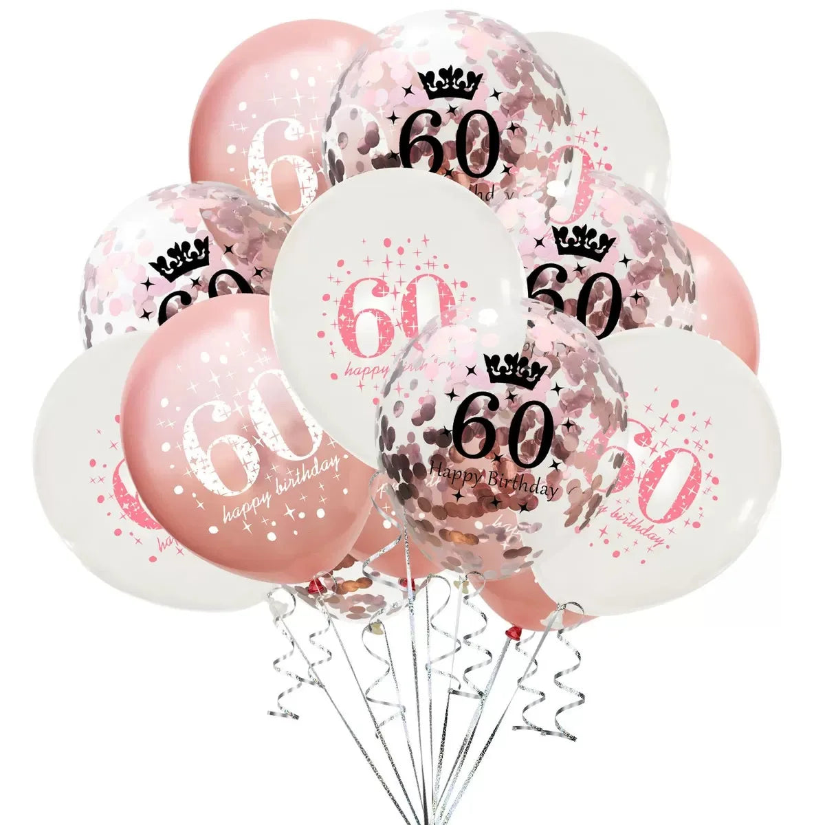 ballon anniversaire latex 60 rose blanc confetti