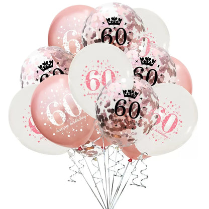 ballon anniversaire latex 60 rose blanc confetti