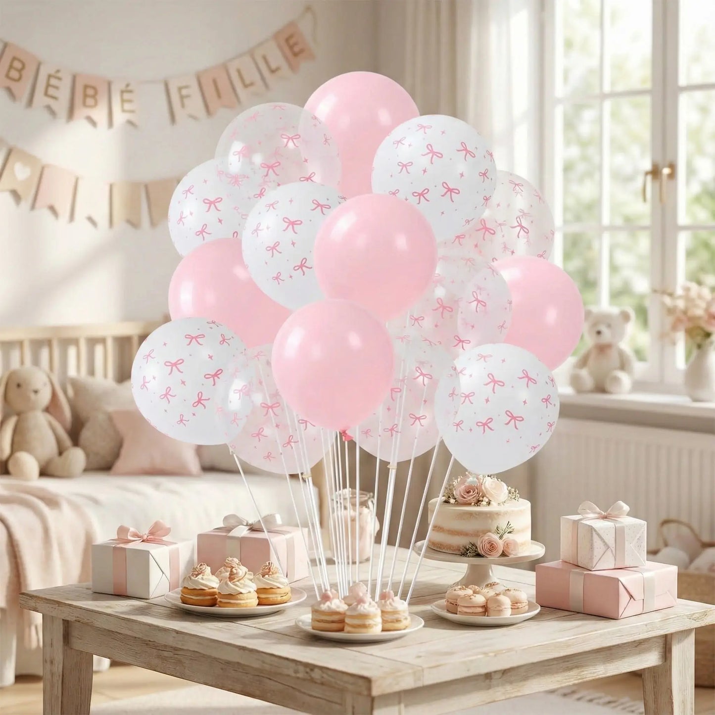 ballon anniversaire latex rose helium boucle table gateau anniversaire bebe fille