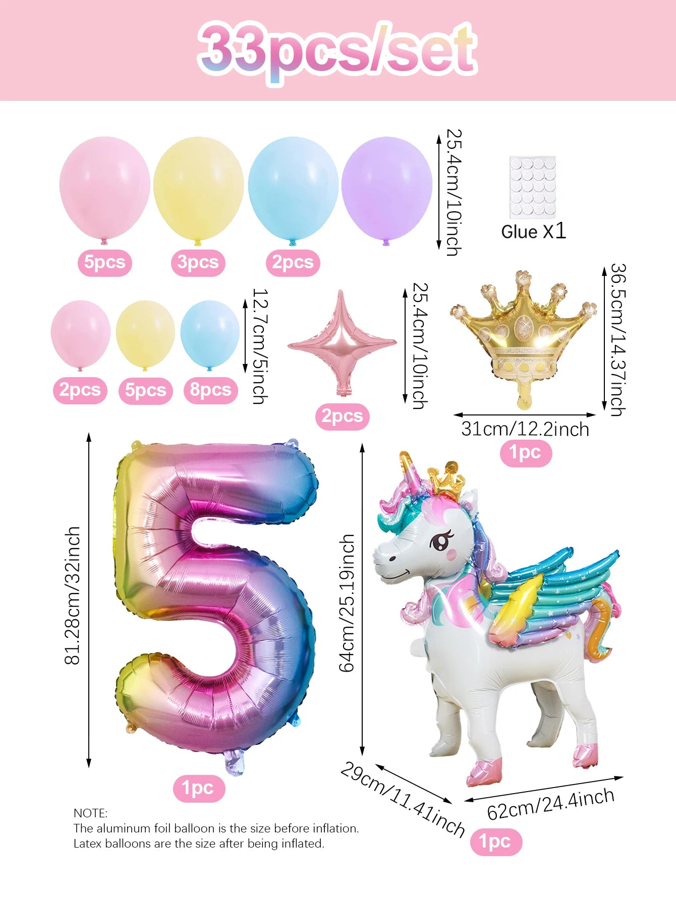 ballon anniversaire licorne chiffre cinq multicolor latex couronne dimension