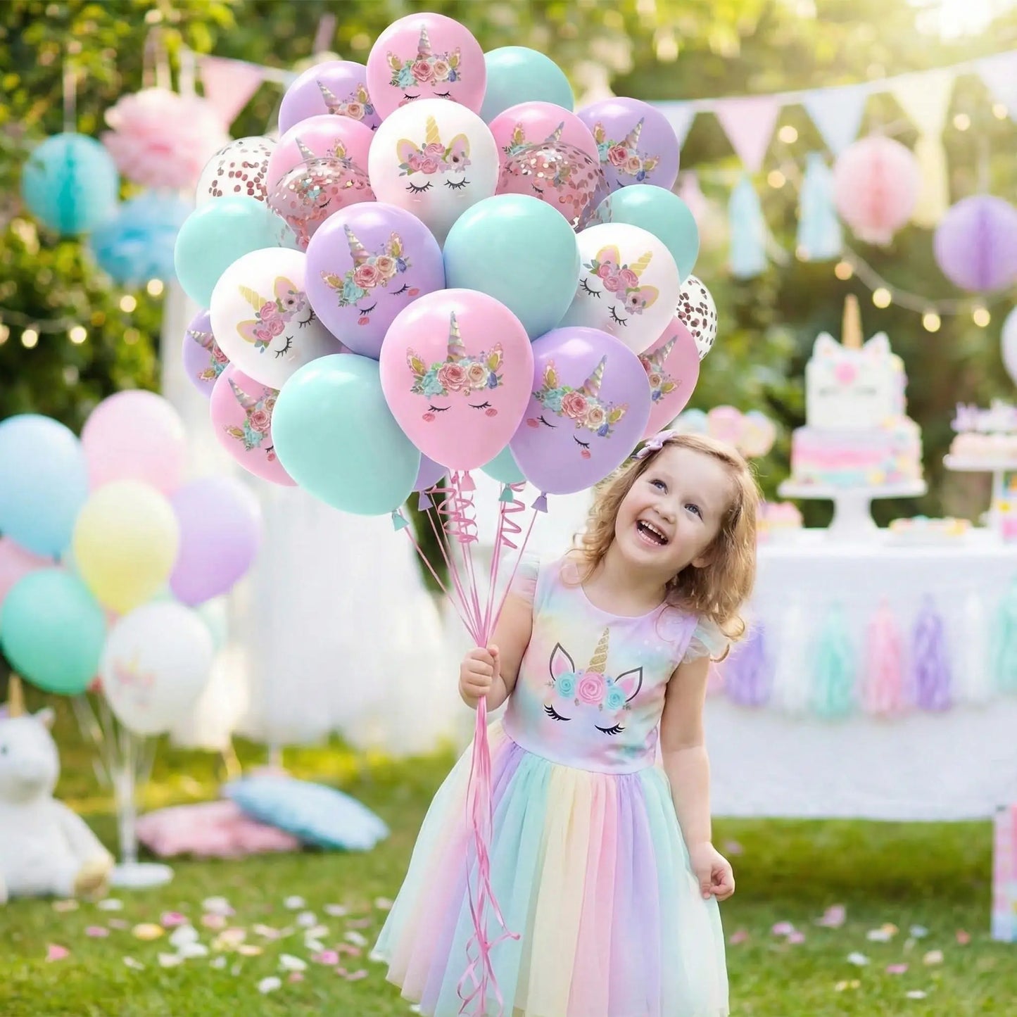 ballon anniversaire licorne turquoise mauve rose fillette bouquet ballons exterieur gateau