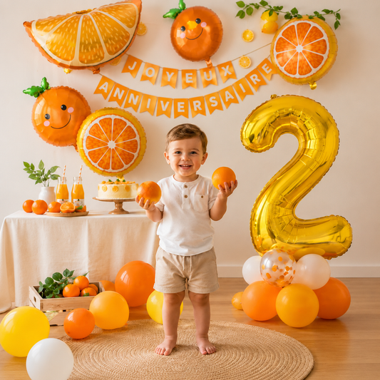 ballon anniversaire orange numero 2  petit garcon avec orange dans les mains decoration thematique orange 