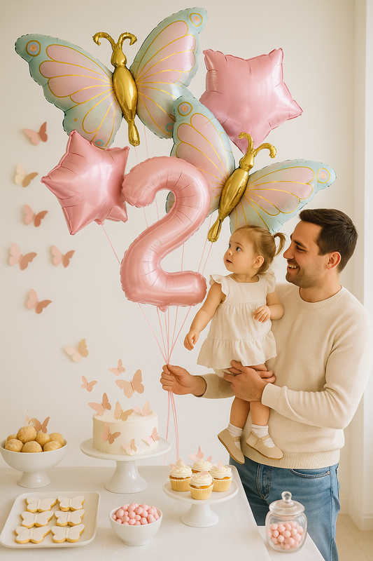ballon anniversaire papillon etoile chiffre deux table dessert fillette papa