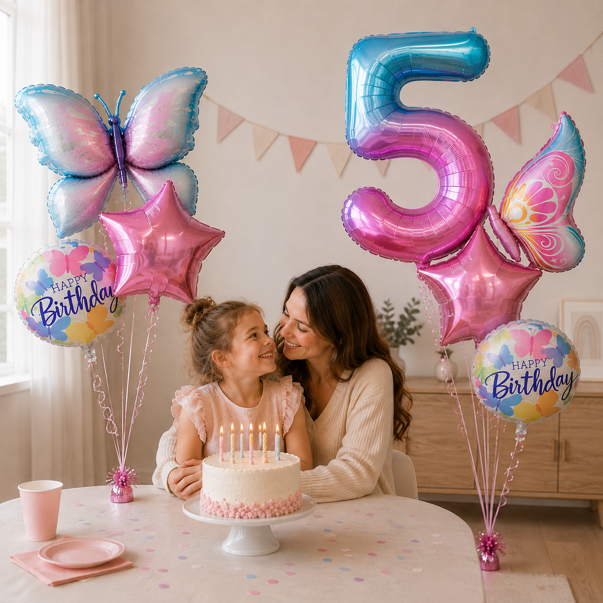 ballon anniversaire papillon multicolore chiffre 5 mere fille gateau bougie