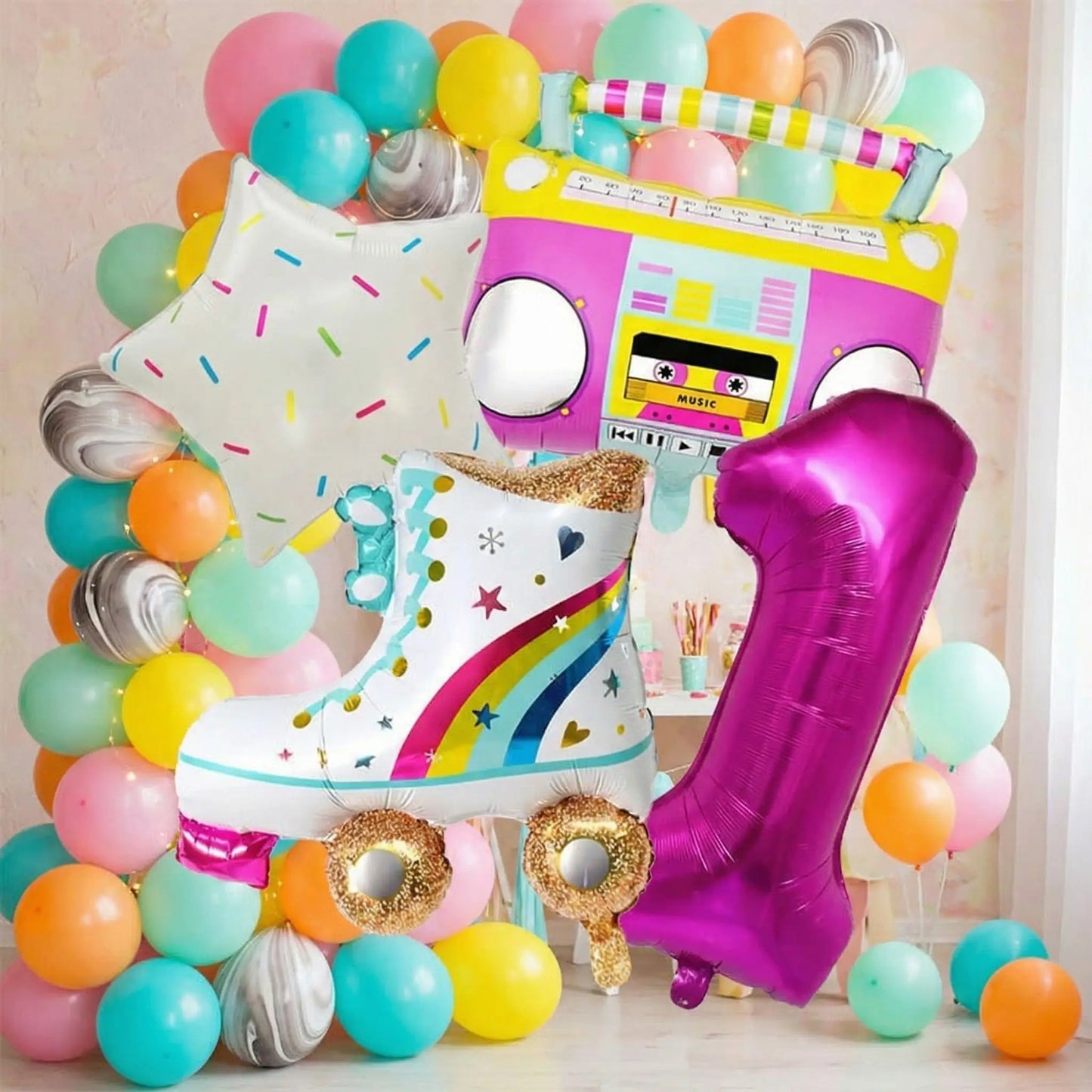 ballon anniversaire patin roulette etoile confetti radio chiffre 1 arche ballons
