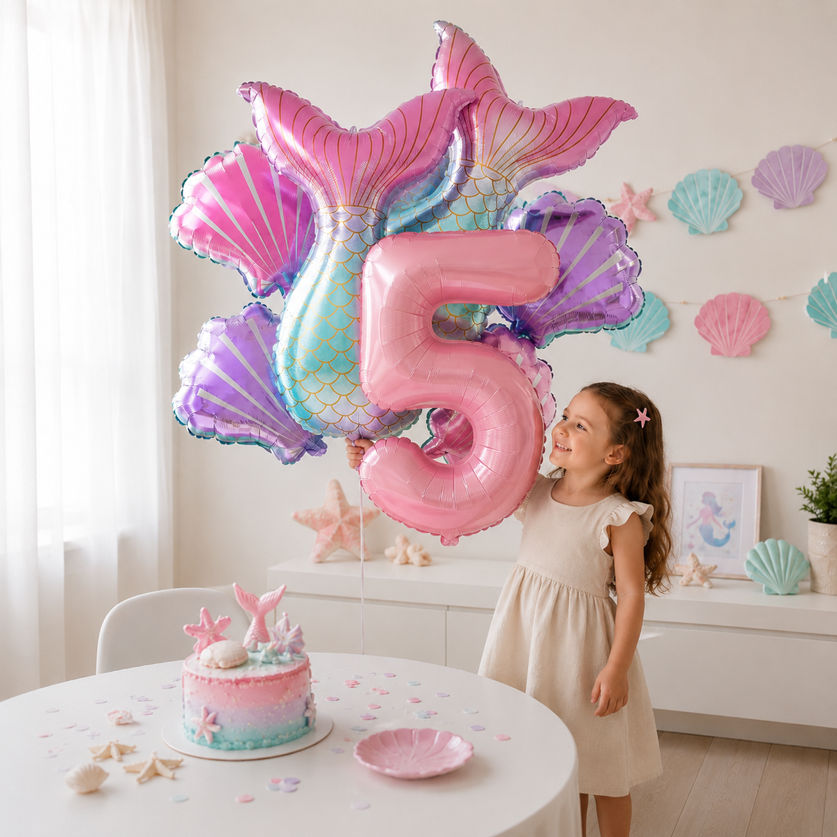 ballon anniversaire queue sirene chiffre 5 fillette table dessert decoration coquillages
