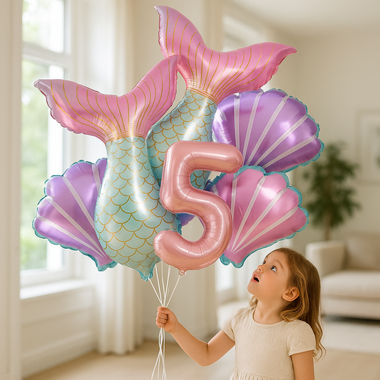 ballon anniversaire queue sirene chiffre cinq filette
