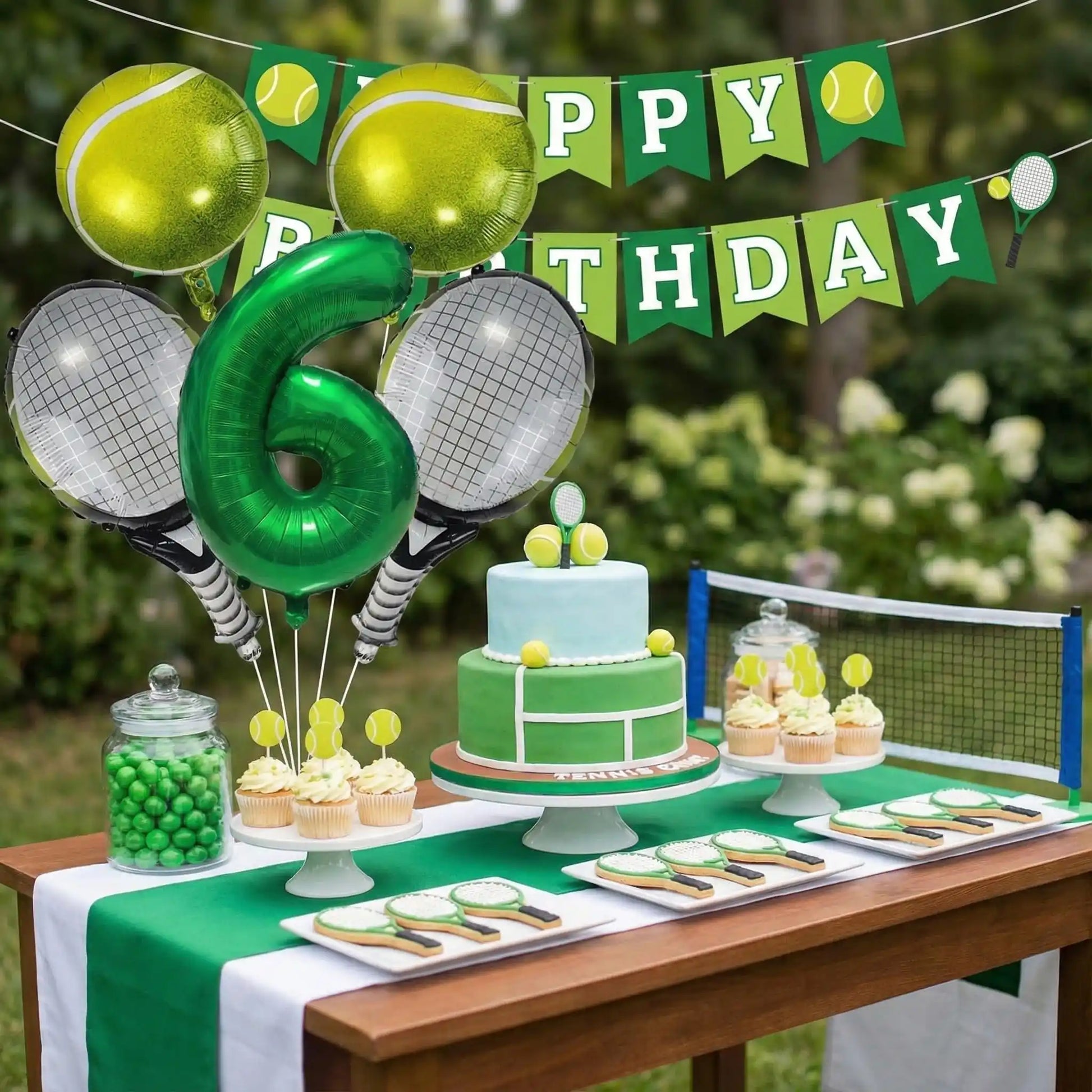 ballon anniversaire tennis chiffre 6 banderole table dessert gateau exterieur
