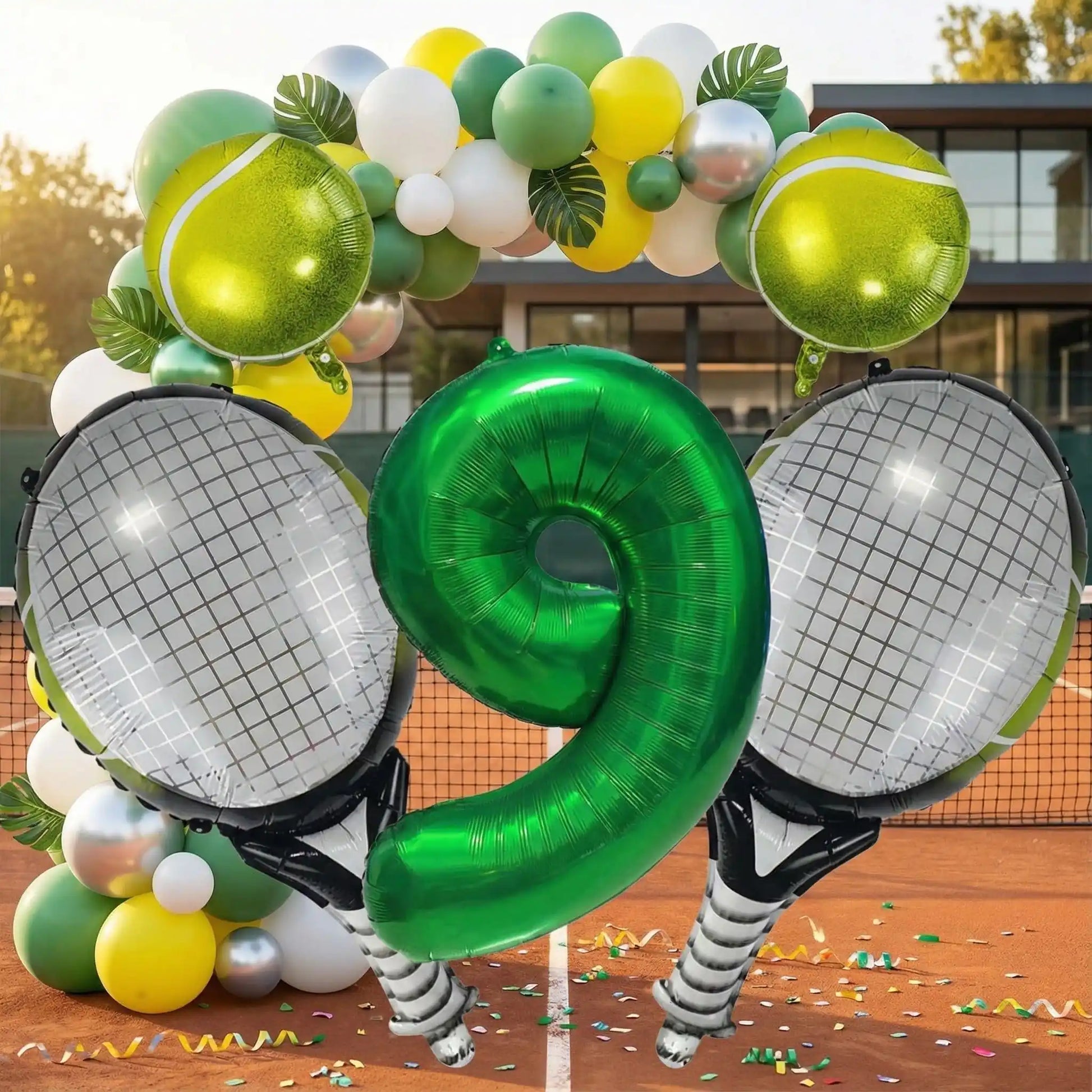 ballon anniversaire tennis chiffre 9 arche ballons terrain tennis maison arriere plan