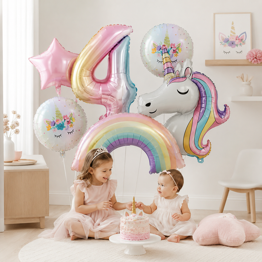 ballon anniversaire tete licorne etoile arc en ciel chiffre 4 filettes assis tapis gateau licorne