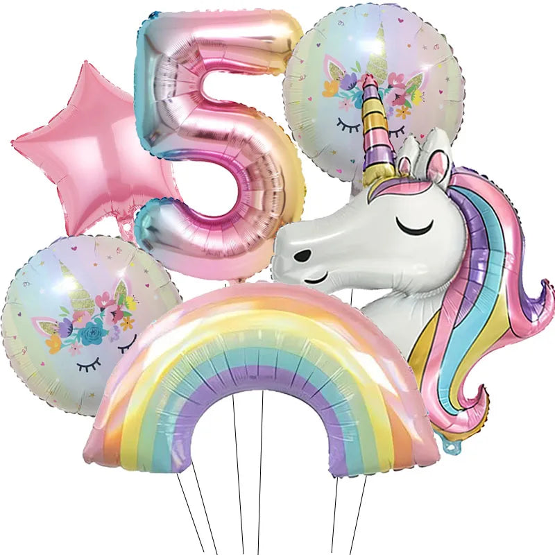 ballon anniversaire tete licorne etoile arc en ciel chiffre cinq