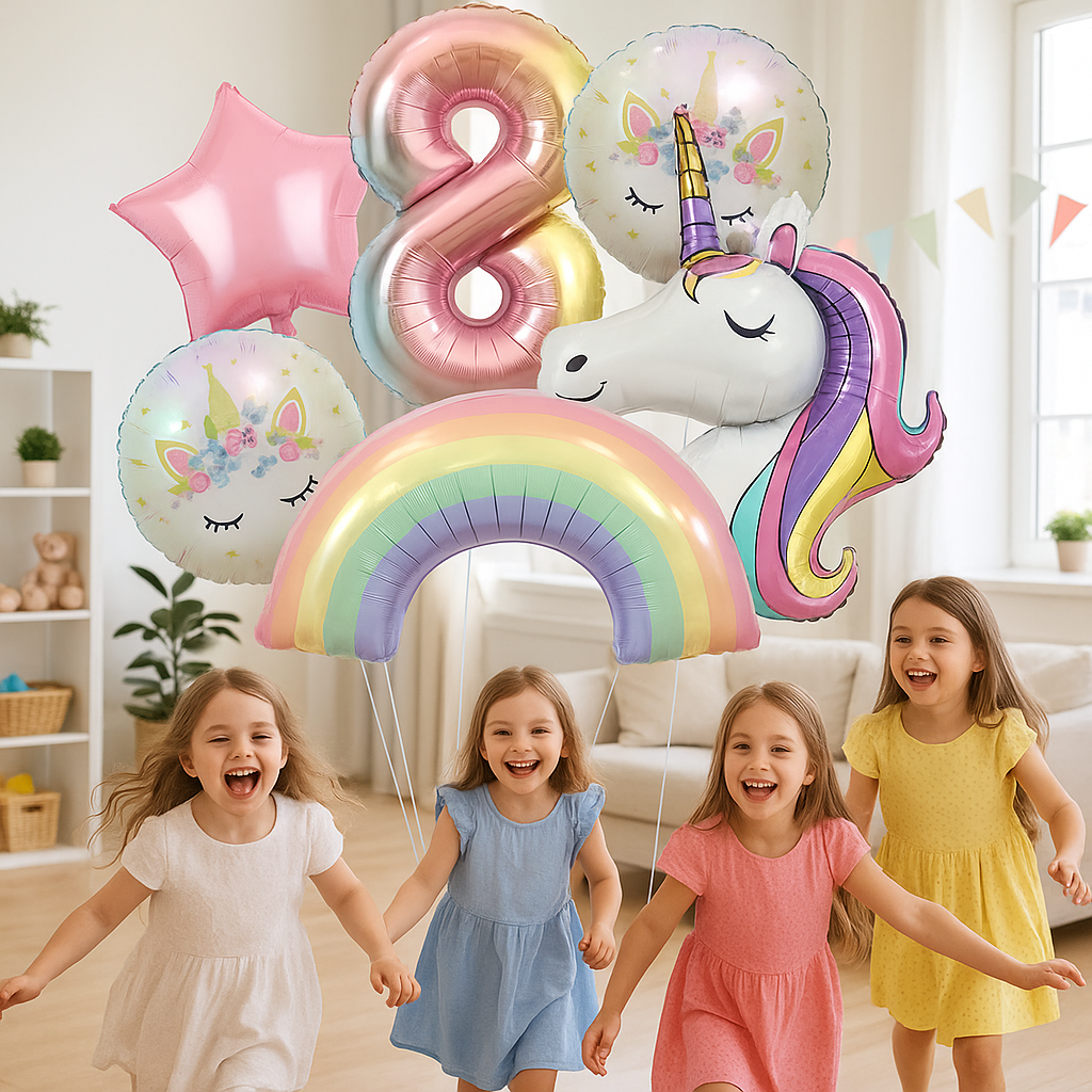 ballon anniversaire tete licorne etoile arc-en-ciel chiffre huit fillettes