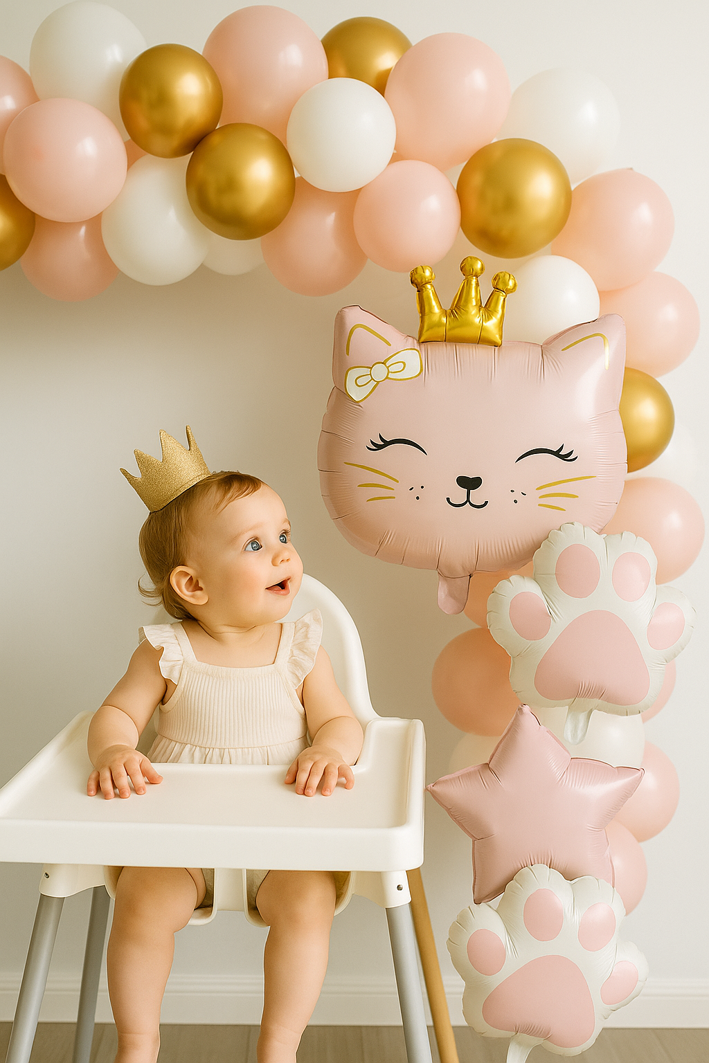 ballon anniversaire chat couronne bebe chaise haute arche ballons