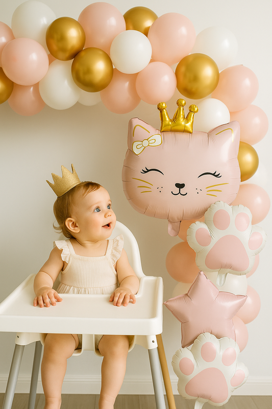 ballon anniversaire chat couronne bebe chaise haute arche ballons