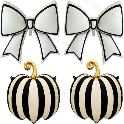 ballons halloween ensemble 4 citrouilles rayes noir creme noeuds