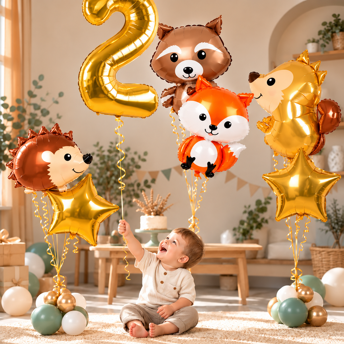 bebe garcon 2 ans bouquet helium ballons anniversaire animaux forêt 