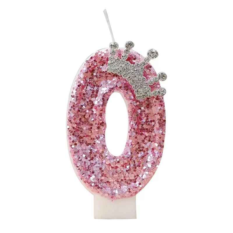 bougie anniversaire 0 rose paillette couronne