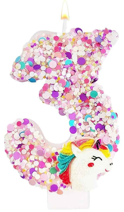 bougie anniversaire 3 licorne pailette