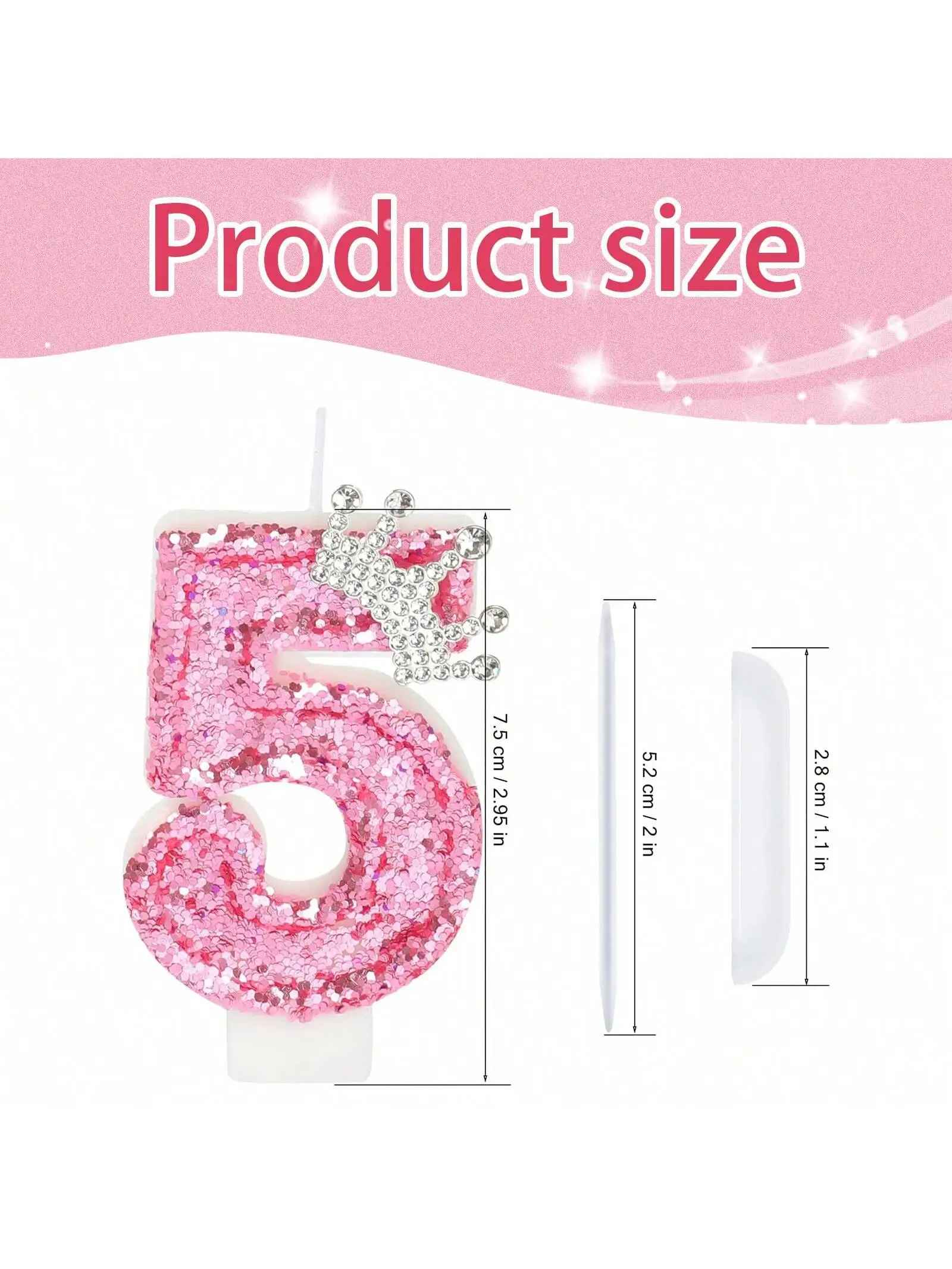 bougie anniversaire 5 rose paillette couronne dimension