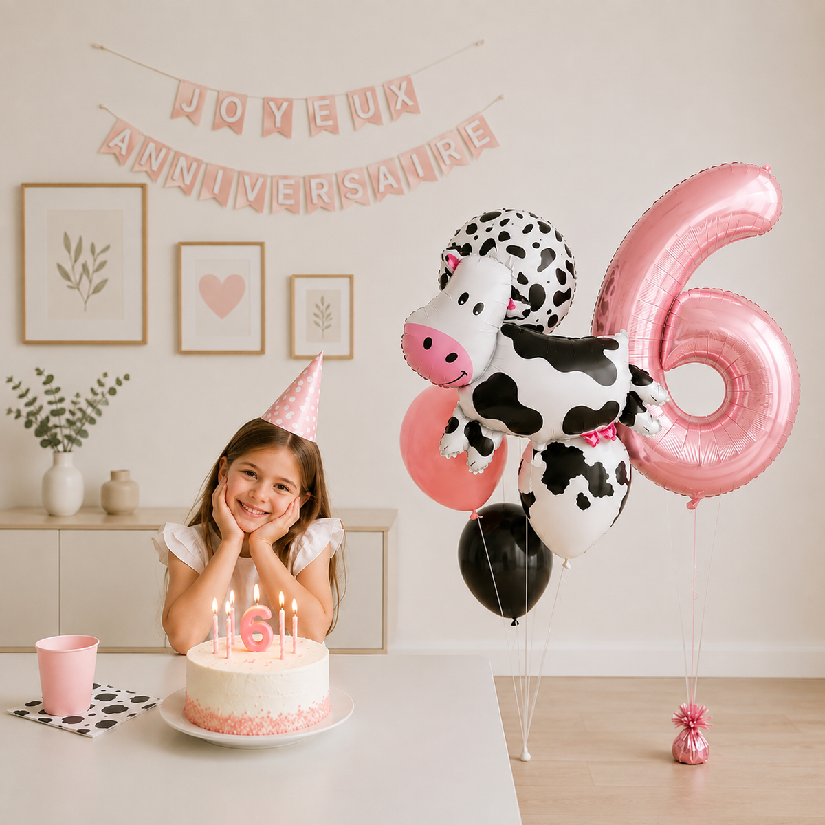 bouquet ballon helium theme vache rose chiffre 6  filette gateau chapeau anniversaire