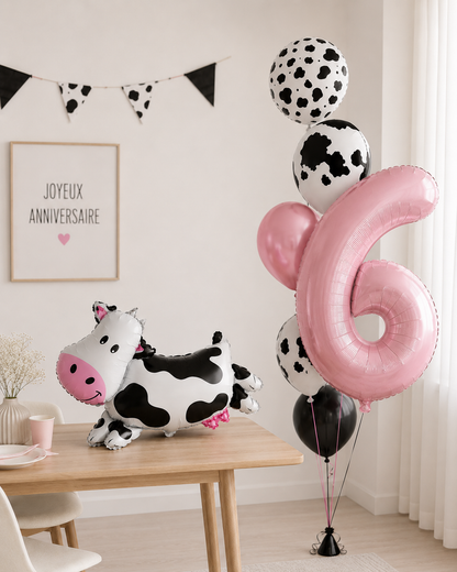 bouquet ballon helium theme vache rose chiffre 6  table en bois fanion