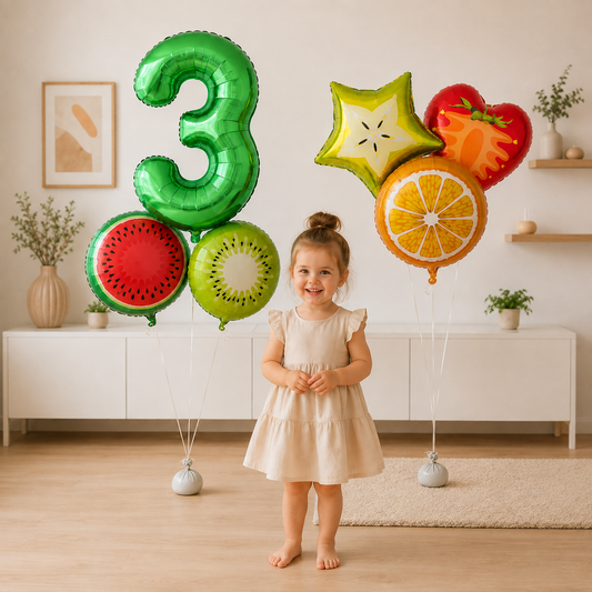 bouquet helium ballon anniversaire fruits kiwi melon fraise orange numero3 filette sourire salon