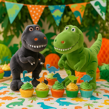 cadeau anniversaire peluche dinosaure gris vert table dessert cupcakes