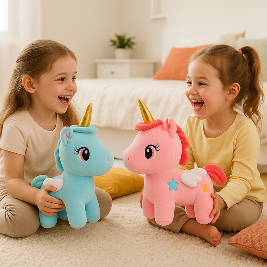 cadeau anniversaire peluche licornes bleu rose fillettes sourire