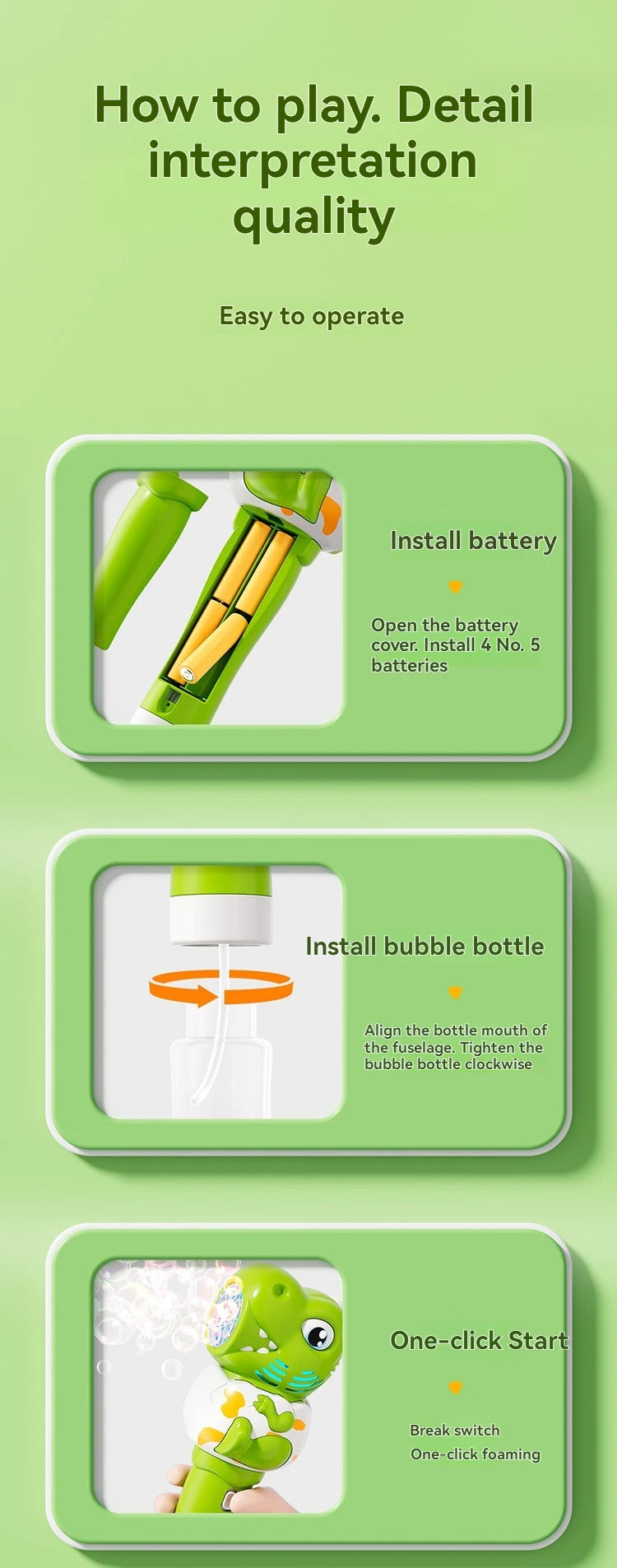 cadeau anniversaire pistolet bulles dinosaure vert instruction