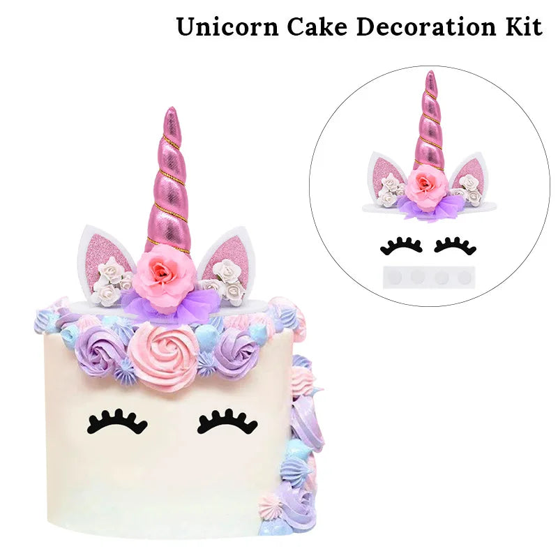 cake topper licorne rose fleurs rose mauve yeux