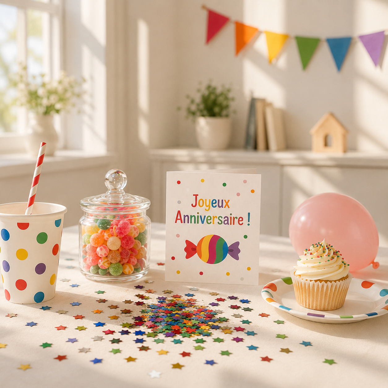 confetti brillants etoile multi-colore anniversaire bonbons banderole colores cupackes