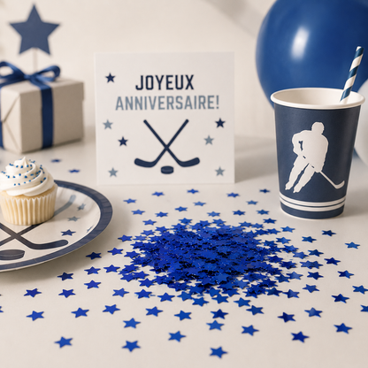 confetti brillants etoiles bleu decoration table hockey cupcakes carte anniversaire