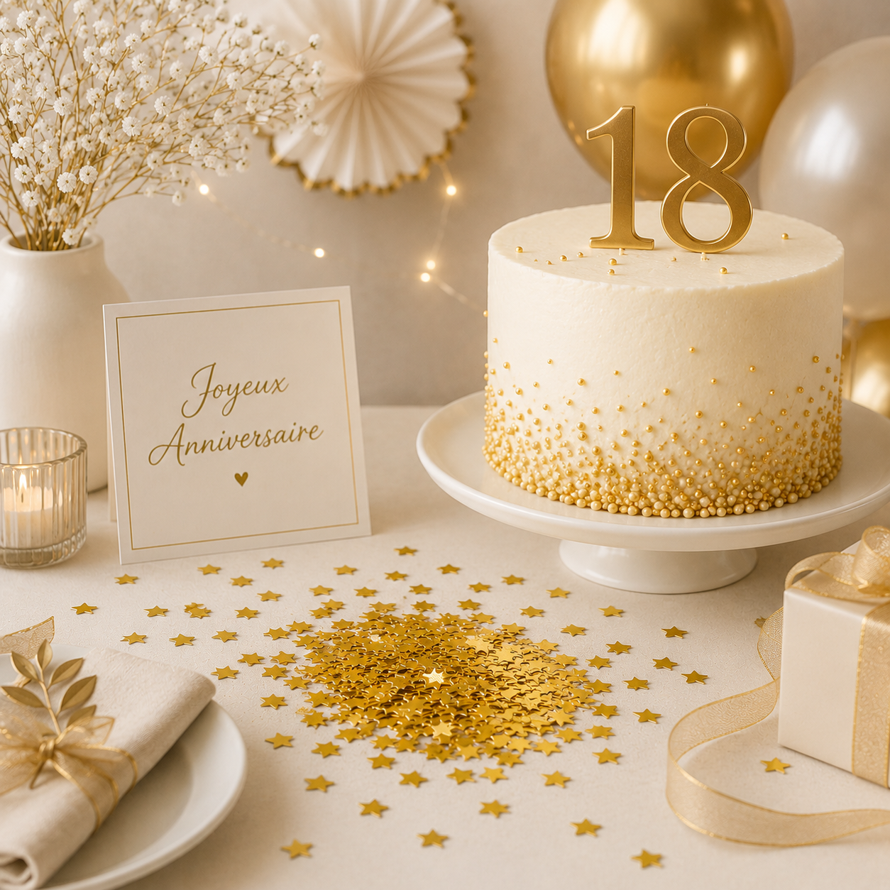 confetti brillants etoiles or anniversaire 18ans gateau ballons fleurs