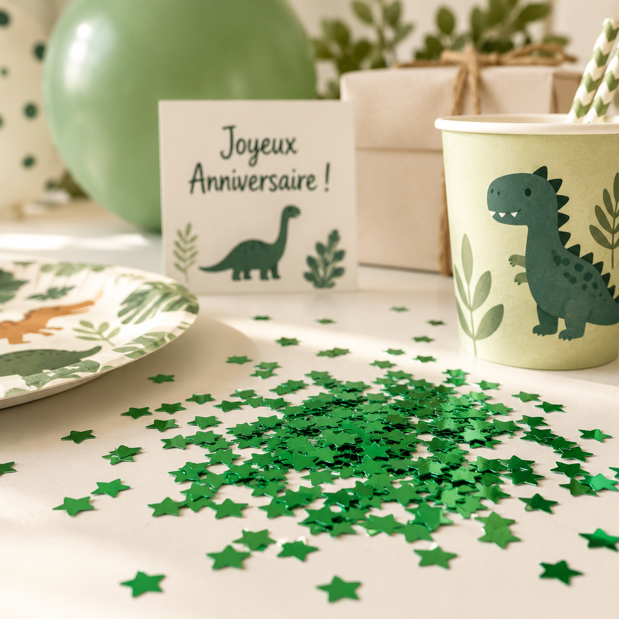 confetti brillants etoiles vertes decoration table thematique dinosaure ballons