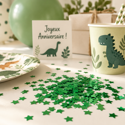 confetti brillants etoiles vertes decoration table thematique dinosaure ballons