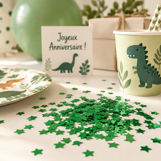 confetti brillants etoiles vertes decoration table thematique dinosaure ballons