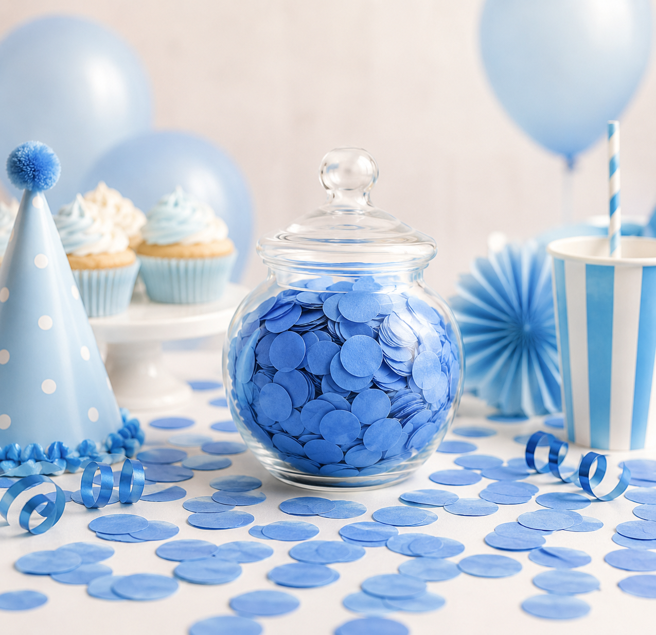 confettis bleu bocal verre decoration table chapeau ballon bleu cupcakes